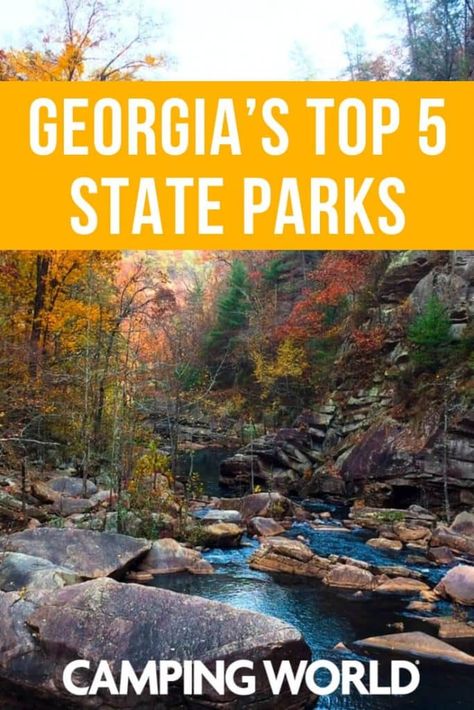 Georgia is home to some of the most beautiful areas in the whole country. Many of the state’s best attractions and natural landscapes can be found within the state parks. If you’re looking for fun activities to do while camping in Georgia, look no further. Here’s the information you need to know about Georgia’s top 5 state parks. #georgia #stateparks #rvtips #rving #rvlife #camping #rvliving Georgia State Parks, Horseback Riding Trails, Cloudland Canyon, State Park Camping, Georgia Vacation, North Georgia Mountains, Georgia Travel, Camping Destinations, Georgia State