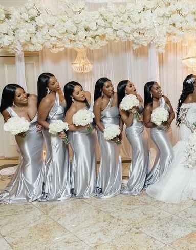 Silver Bridesmaid Dresses Black Women, Chrome Bridesmaid Dresses, Black And Silver Wedding Theme Bridesmaid Dresses, Satin Silver Bridesmaid Dresses, Platinum Bridesmaid Dresses, Silver Bridesmaid Dresses Sparkly, Silver And Black Wedding Theme, Silver Bridesmaids Dresses, Silver Themed Wedding