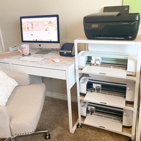 Printer Organization Ideas, Small Office With Storage, Cricut Machine Storage Ideas, Cricut Organization Ideas Small Space, Printer Organization, Shipping Station Ideas, Cricut Workspace Ideas, Cricut Station, Ship Station