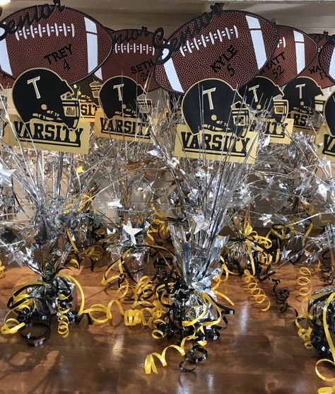 Football Banquet centerpieces for Tomah, Wi Football Banquet Decorations, Football Party Centerpieces, Sports Banquet Centerpieces, Football Banquet Centerpieces, Football Centerpieces, Sports Centerpieces, Soccer Banquet, Football Fundraiser, Banquet Centerpieces