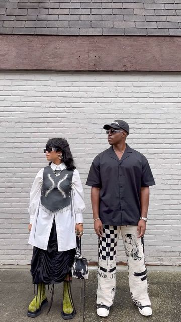 Skylar Marshai on Instagram: "We were rockstars in another life. Outfit details / His— Hat: @pleasures Glasses: @abetterfeeling Shirt: @drdenim Pants: @amiri Shoes: @rickowensonline Outfit details / Hers— Glasses: @d_heygere Shirt: @asos Vest: @sssilk666 Skirt: @not_conventional.official Shoes: @rickowensonline Bag: @carltonyaito Jewelry: @grise.nyc @simuero_ @cartier @jeblancisalive" Tokyo Moodboard, Skylar Marshai, Outfit Recreation, Amiri Shoes, Women Streetwear Outfits, Pinterest Girl Aesthetic, Japan Fits, Official Shoes, Streetwear Outfit Ideas