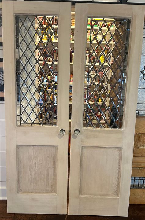 Custom order leaded glass doors. Whitewashed with Diamond bevel pattern in each. Length: 79 3/8" Width: 24" Depth: 1 1/4" Stain: Simply White Transom Doors Interior, Office With Double Doors, Antique Pocket Doors, Victorian Doors Internal, Unique Interior Door, French Doors In Kitchen, Stained Glass Doors Interior, Stained Glass Door Panel, Glass Folding Doors