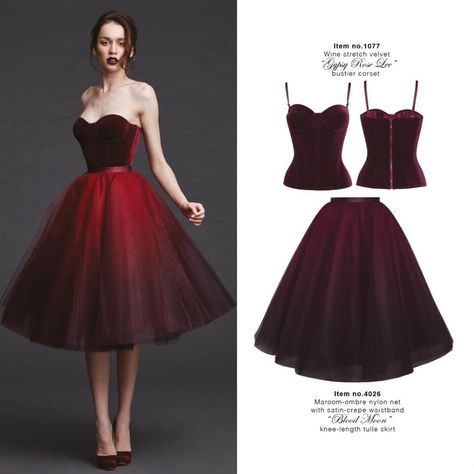 POEM, Wine velvet “Gypsy Rose Lee” bustier corset Item no.4026 Maroon ombre “Blood Moon” knee length tulle skirt Red Dress Tulle, Red Roses Dress, Knee Length Tulle Skirt, Tulle Skirts, Fashion Gowns, Blood Moon, Vestidos Vintage, Fashion Attire, Mode Vintage