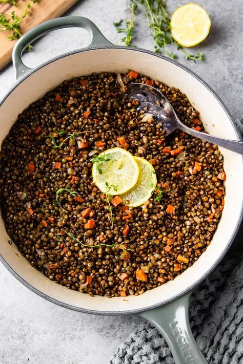 This recipe for Easy French Lentils makes for a wholesome one-dish meal or side dish. Slow simmered with carrots, onions, and celery and then topped with fresh thyme, these French lentils are flavorful and satisfying.