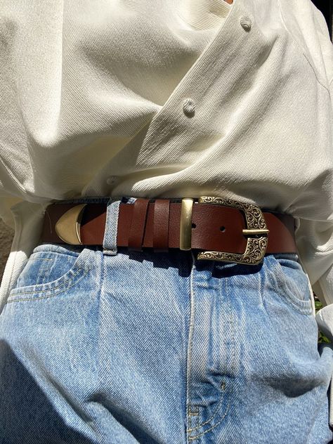 A Handmade Brown Leather Belt for women, that is made from Real Genuine Leather with a unique Gold buckle at the center and two more buckles that i use for decoration. The buckle at the edge of the belt is really special as well. Choose the ideal length for you between 6 different dimensions. (THE DIMENSIONS ARE FOR BELT NOT FOR YOUR WAIST) MATERIALS - Real Genuine Leather. - Metal Buckles are made from Zamak. DIMENSIONS - Belt's Width 4 Cm (1.5'') - You can choose between Six different Lengths. Cheap Casual Belts For Fall, Cheap Casual Belts, Leather Belt Outfit Women, Belt On Waist Outfit, Brown Belts Women Outfit, Cheap Trendy Summer Belts, Trendy Cheap Bottoms With Belt, Belted Waist Outfit, Cheap Chic Belts For Fall