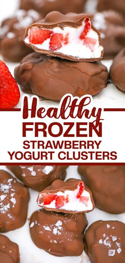 Things To Make With Strawberry Yogurt, Frozen Fruit Yogurt Bites, Greek Yogurt Strawberry Clusters, Chocolate Covered Frozen Yogurt, Strawberry Frozen Yogurt Recipe, Chocolate Strawberry Yogurt Clusters, Frozen Yogurt With Fruit, Frozen Strawberry Yogurt Chocolate Bites, Healthy Desserts Strawberry