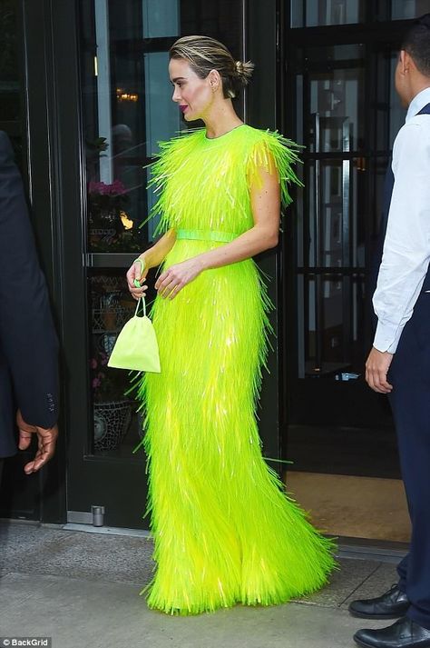 Sarah Paulson - Prada Neon Gown, Neon Yellow Fashion, Neon Yellow Dress, Neon Dress, Neon Yellow Outfit, Neon Yellow Dresses, Chartreuse Dress, Neon Dresses, Sarah Paulson