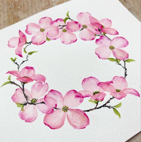 Watercolor Dogwood Flowers Tutorial, Dogwood Tree Watercolor, Painting Dogwood Flowers, Watercolor Dogwood Flowers, Dogwood Flower Painting, Dogwood Tree Painting, Watercolour Flower Wreath, Beautiful Flower Drawings Colour, Water Colour Flowers Easy