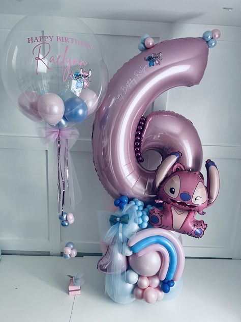 Stitch Balloon Bouquet, Stitch Balloons, Balloon Stack, Angel Lilo And Stitch, Stack Displays, Balloons Art, Stitch Cake, Princess Birthday Party Decorations, Stitch Birthday