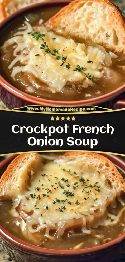 This Crockpot French onion soup is rich, savory, and topped with melted cheese over toasted bread. A classic, made easy in the slow cooker! Ingredients: 4 large onions, sliced 4 cups beef broth 1 cup white wine (optional) ½ cup grated Gruyère cheese Enjoy this French onion soup with a side of toasted baguette French Onion Soup Crockpot, Onion Soup Crockpot, Crock Pot French Onion Soup, Crockpot French Onion Soup, Apartment Recipes, Ww Dinners, Weigh Watchers, Soup Crockpot, Ww Meals