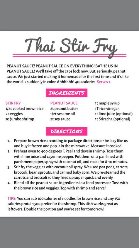 Thai Stir Fry (can use quinoa instead of brown rice or noodles too!) Fit Girls Guide Meal Plan, Fitgirl Recipes, Happy Birthday Fitness, Fit Girl Quotes, Fit Girls Guide Recipes, Dinner Board, Thai Stir Fry, Fit Recipes, February Challenge