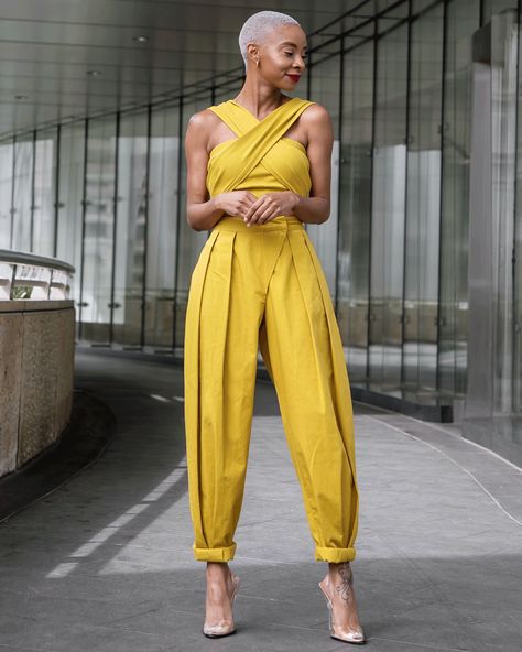 Midsize Jumpsuit, 2piece Outfits Pants, Chic Yellow Cropped Tops, Elegant Yellow High-waisted Pants, Elegant Yellow High-waisted Wide Leg Pants, Woman Song, Chic Yellow Wide-leg Set, Yellow Pants Outfit, Chic Yellow V-neck Jumpsuit