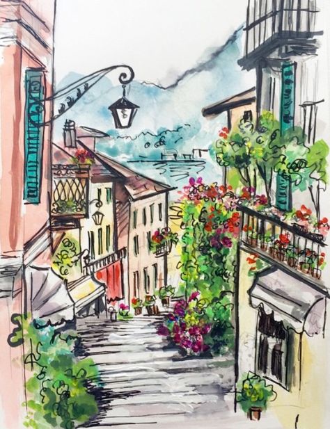 Italy City Drawing, Drawing Ideas Italy, Sketches Of Italy, Italian Street Drawing, Watercolor Art Italy, City Drawing Watercolor, Drawings Of Italy, Italy Drawing Easy, Italy Watercolor Paintings