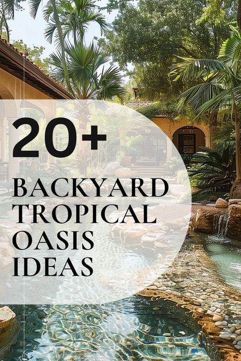 Lush tropical landscaping around a serene backyard pool, perfect for relaxation and leisure. Backyard Tropical Oasis Ideas, Diy Backyard Projects, Tropical Pool Landscaping, Tropical Backyard Landscaping, Tropical Landscape Design, Tropical Retreat, Outdoor Pool Area, Tropical Backyard, Dream Landscape