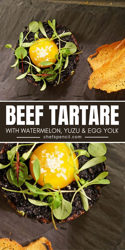 Beef Tartare With Watermelon, Yuzu & Egg Yolk Recipes by Chef Giorgio Rapicavoli #BeefTartare #beefrecipes #chefrecipes #foodrecipes Yolk Recipes, Chef Profile, Egg Yolk Recipes, Tartare Recipe, Beef Tartare, Cured Egg, Spanish Chicken, Beef Carpaccio, Best Beef Recipes