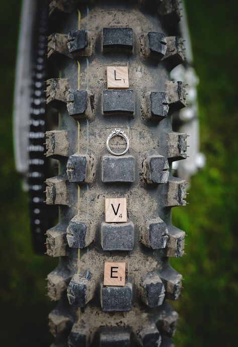 MotoX dirt bike pre-wedding engagement photo in Orillia, Ontario by Vaughn Barry Photography - Muskoka Photographer Motocross Wedding, Dirt Bike Wedding, Bike Wedding, Motorcycle Wedding, Creative Shots, Bike Couple, Motocross Love, Bike Tattoos, Bike Quotes