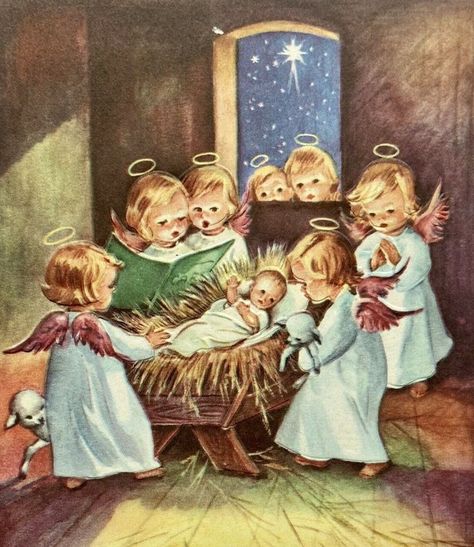 Vintage Nativity Images, Manger Scene Wallpaper, Vintage Nativity Christmas Cards, Precious Moments Nativity Scene, Vintage Christmas Angel Illustration, Christmas Flannel Blanket, Sofa Bed Decor, Send Christmas Cards, Christmas Artwork