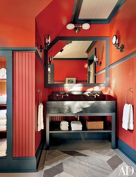 Enchanting lakeside family retreat in the Adirondack Mountains Great Room Decor, Colorful Bathrooms, Thom Filicia, Bathroom Red, Your Favorite, Stunning Bathrooms, Bathroom Color, Red Walls, Rustic Bathroom