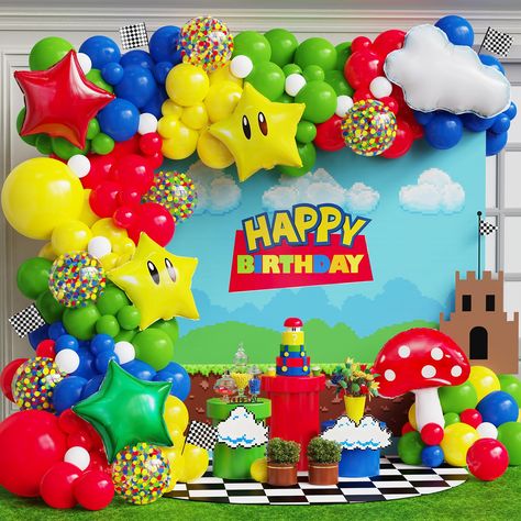 PRICES MAY VARY. 🍄【PREMIUM VALUE PACK】The game balloon arch kit includes 125pcs latex balloons ,2 pcs star foil balloons,2pcs eyes star foil balloons,1pc mushroom foil balloon ,1pc cloud foil balloon,one roll balloon ribbon and one role balloon dot glue 🍄【Wide Application】These game theme party decorations are suitable to DIY balloon garland kit, It's a good choice for you to use these balloon arch kits to decorating your game theme birthday parties, baby showers, circus themed birthday decora Boys Themed Birthday Parties, Super Mario First Birthday Party, Mario Balloon Garland, Mario Party Backdrop, Super Mario Party Decorations, Super Mario Birthday Party Decorations, Mario Birthday Party Decorations, Game Theme Birthday Party, Yellow Balloon Garland