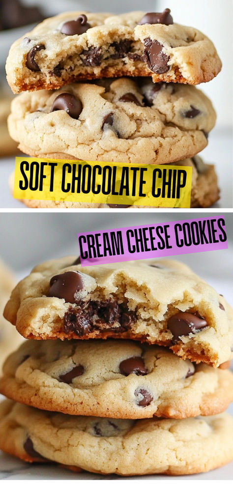 Indulge in the soft, rich goodness of Chocolate Chip Cream Cheese Cookies! These cookies are perfectly soft and chewy, with a hint of tangy cream cheese that makes them irresistibly moist. Loaded with melty chocolate chips, they’re a delicious twist on the classic chocolate chip cookie. Perfect for a sweet treat or to share with friends and family! Save this easy recipe and enjoy the ultimate comfort cookie! Cream Cheese Chocolate Cookies, Chewy Cookies Chocolate Chip, Samoan Cookies, Gooey Cookie Recipes, How To Make Soft Cookies, Cream Cheese Cookies Recipes Easy, Chocolate Chip Cookies With Cream Cheese, Chocolate Chip Cream Cheese Cookies, Best Monster Cookies Recipe