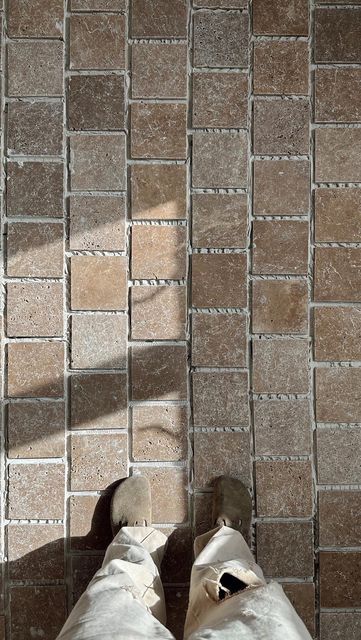 Lone Fox by Drew Michael Scott on Instagram: "I wanted the look of reclaimed antique cobblestone / tile in my kitchen but the actual old stuff costs a FORTUNE! I used these tumbled travertine tiles to create a similar look for less. Still deciding on the grout color 🤌🏻" Spanish Tile Kitchen, Modern Spanish Style Homes, Spanish Inspired Home, Modern Spanish Style, Lone Fox, Travertine Tiles, Tile Kitchen, Spanish Style Home, Old Stuff