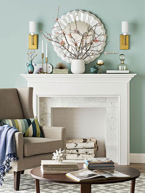 We love the soothing colors in this living room: http://www.bhg.com/decorating/fireplace/mantels/creative-mantel-ideas/?socsrc=bhgpin092014soothingpalette&page=1 Mantel Styling, Best Blue Paint Colors, Creative Tile, Living Colors, Fireplace Mantel Decor, White Fireplace, Living Room Color Schemes, Blue Paint Colors, Room Color Schemes