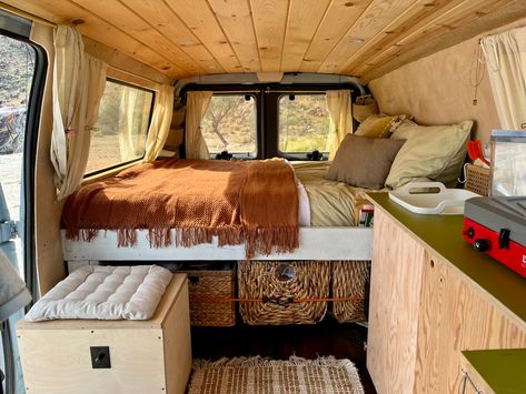 Easy Van Build, Ecoline Van Conversion, Boho Van Conversion, Camper Interior Design Ideas, Converted Van Interior, Small Van Build, Tiny Van Conversion, Diy Van Build, Campervan Bed