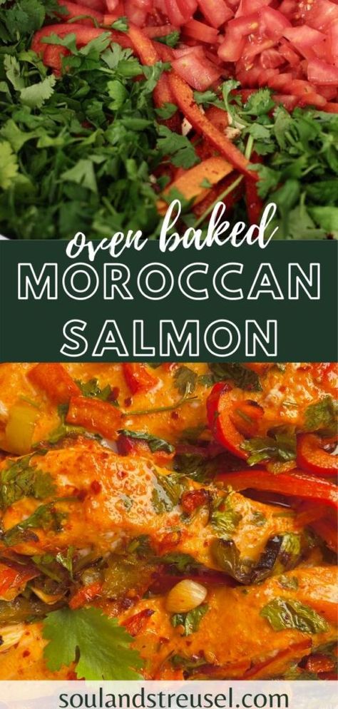 Moroccan Fish Recipe, Moroccan Salmon, Fire Roasted Peppers, Tuscan Salmon Recipe, Oven Salmon, Oven Roasted Salmon, Salmon Baked, Moroccan Cooking, Oven Baked Salmon