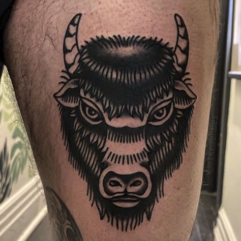 Bison Tattoo Traditional, Traditional Buffalo Tattoo, Ruby Tattoo Ideas, Nepal Tattoo, Ox Tattoo, Traditional Tattoo Filler, Ruby Tattoo, Small Traditional Tattoo, Utah Tattoo