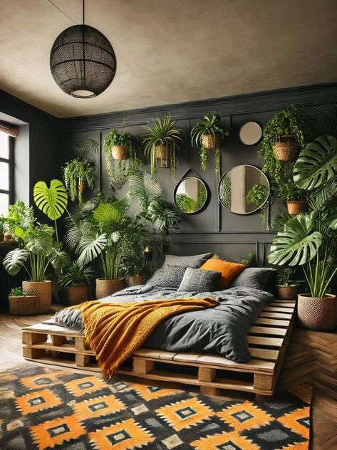 Bad Room Ideas, Bedroom Plants Decor, Bedroom Colours, Bed Makeover, Fall Bedroom Ideas, Bohemian Room Decor, Cozy Fall Bedroom, Bohemian Room, Pallet Bed