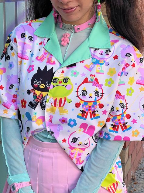 Bootleg Button Shirt - Etsy Bright Button Up Shirt Outfit, Colorful Tshirt Outfit, Heart T Shirt Design, Graphic Button Up Shirt Outfit, Weird Core Fashion, Y2 Fashion, Vaporwave Aesthetic Outfits, Cute Button Up Shirts, Weirdcore Fashion