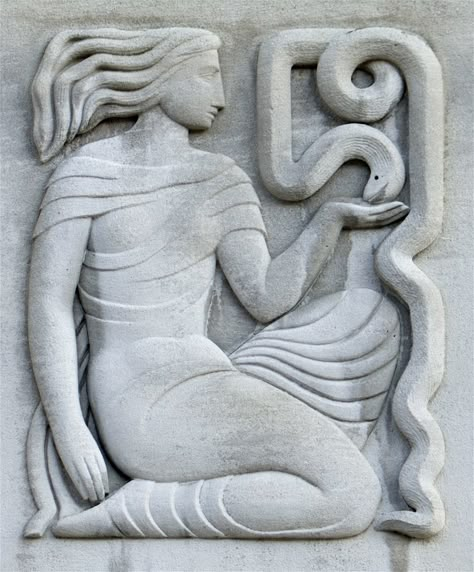 Snake Charmer, Art Deco Sculpture, Relief Sculpture, Bas Relief, General Hospital, Greek Goddess, Stone Carving, Public Health, Ancient Art