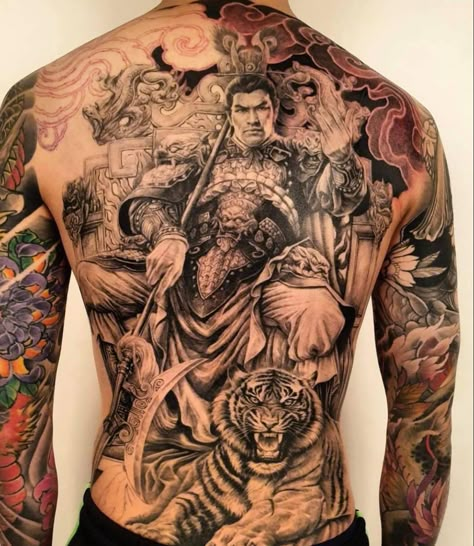 Lu Bu Tattoo, Full Backpiece Tattoo, Men Flower Tattoo, Lu Bu, Suit Tattoo, Full Back Tattoo, Backpiece Tattoo, Chinese God, Tattoo Japan