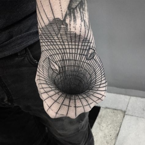 Black Hole Space Tattoo, Grid Tattoo Design, Thick Black Line Tattoo, Worm Hole Tattoo, Black Hole Tattoo Geometric, Black Hole Tattoo Design, Void Tattoo, Golden Spiral Tattoo, Hole Tattoo