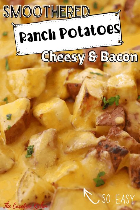 These Cheesy Bacon Ranch Potatoes are total comfort food that the whole family will love. They’re made with red potatoes that have been tossed in ranch dressing mix, oven-roasted and smothered in gooey cheddar cheese and bacon bits. #thecarefreekitchen #potatoes #sidedish #ranchpotatoes #hiddenvalley #easyrecipe #bacon Cheese Ranch Potatoes, Ranch Red Potatoes, Cheesy Bacon Ranch Potatoes, Ranch Potatoes Baked, Bacon Casserole Recipes, Ranch Potato Recipes, Bacon Cheese Potatoes, Smothered Potatoes, Oven Roasted Red Potatoes