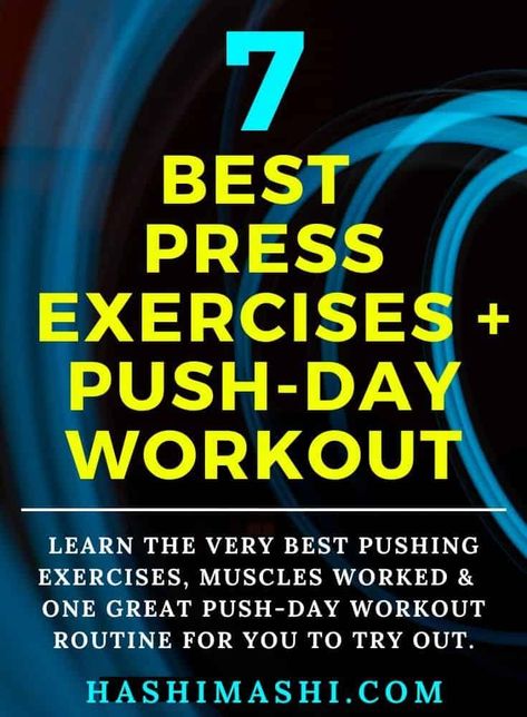 Press Exercises - What are the best pushing exercises you can do, muscles worked, and one great push-day workout for you to use in a push-pull program? The 7 Best Press Exercises for Strength & Fitness will answer this question. Press Ups Exercise, Push Pull Workout Routine, Push Exercises, Pushing Exercises, Squats Muscles Worked, Press Exercises, Pull Exercises, Exercises For Strength, Push Day Workout