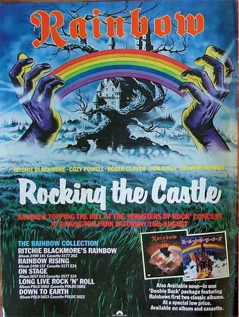 Monsters Of Rock . Castle Donington 1980. Ritchie Blackmore's Rainbow, Roger Glover, 80s Poster, Rainbow Band, Music Concert Posters, Vintage Concert Posters, Heavy Metal Art, Greatest Rock Bands, Rock Festival