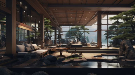 Japanese Grandeur: Explore an open-plan living room with a distinct Japanese aesthetic, featuring massive windows that frame breathtaking views. Experience the perfect fusion of culture and nature in this magnificent space. 🏯🏡✨ #JapaneseLivingRoom #OpenPlanDesign #MassiveWindows #BreathtakingViews #CulturalFusion #LuxuriousLiving Japanese Mansion Interior, Japan House Design Modern, Luxury Resort Interior, Futuristic Skyscraper, Japanese Mansion, Grand Living Room, Houses Modern, Idea Illustration, Fern Forest