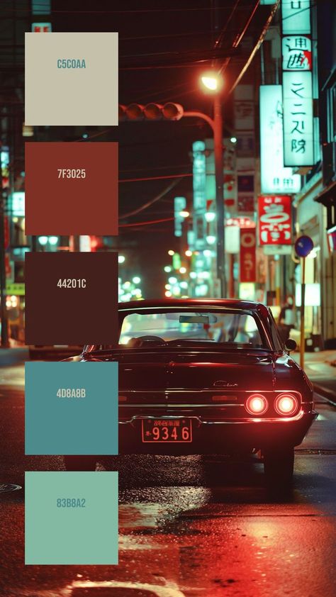 Colors:
C5C0AA
7F3025
44201C
4D8A8B
83B8A2 Urban Color Palette, Best Color Combos, City Street At Night, Nail Sticker Ideas, Handmade Typography, Color Palette Branding, Branding Color Palettes, Colour Codes, Street At Night