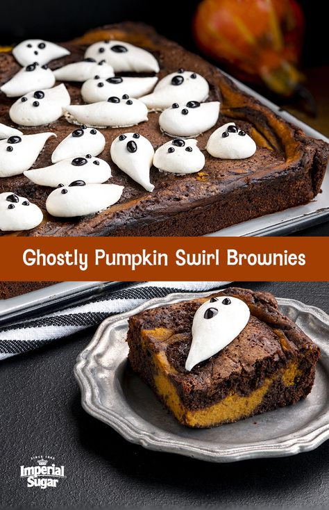 Halloween Eclairs, Ghost Brownies, Swirled Brownies, Birthday Foods, Meringue Ghosts, Spooky Recipes, Pumpkin Swirl Brownies, Mini Caramel Apples, Halloween Tea Party