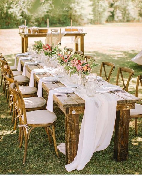 ⋆ Rustic Wedding Chic ⋆ on Instagram: “Farm couture!  Photo @blakemccollum” Cheesecloth Wedding Table, White Wedding Linens, Reception Table Runner, Rose Gold Wedding Table, Wedding Table Centerpieces Rustic, Bridal Shower Table Decor, Rose Gold Table Runner, Table Runner Pink, Shower Table Decor