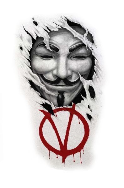 V For Vendetta Tattoo Design, Vendetta Mask Tattoo, Vendetta Tattoo Design, V For Vendetta Tattoo, Skin Tear Tattoo, Anonymous Tattoo, Vendetta Tattoo, Joker Face Tattoo, Ink Tattoo Design