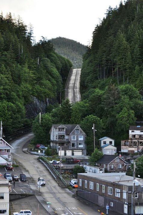 Wouldn't want to drive this street in the winter months of Ketchikan,  Alaska Alaska City Aesthetic, Alaska Ketchikan, Small Town Alaska, Alaska Town, Alaskan Town, Alaska Lifestyle, Alaska Town Aesthetic, Alaska Living, Alaska Aesthetic