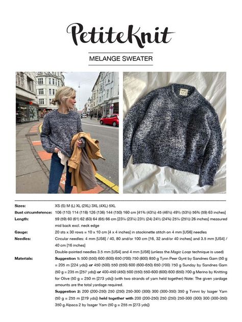 M 233 Lange Sweater | PDF | Knitting | Knitting Needle Petite Knits, Knit Clothes, Diy Outfits, Diy Sweater, Learn How To Knit, Knitting Needle, Sweater Knitting Patterns, Stockinette Stitch, Pattern Sweater