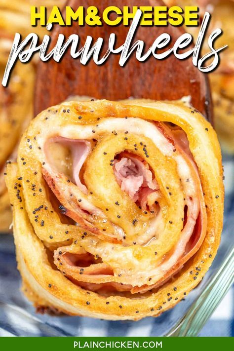 Hot Ham and Cheese Pinwheels Recipe - layers of honey mustard, deli ham and melty cheese baked in pizza dough and topped with a sweet and savory glaze made with butter, brown sugar, dijon mustard, Worcestershire sauce, and poppy seed. Whether you're serving them at a party, for an afternoon snack, or as an appetizer, they''ll have everyone reaching for seconds. Pizza Dough Pinwheel Recipes, Pizza Dough Ham And Cheese Rollups, Ham And Cheese Pinwheels Pizza Dough, Ham And Cheese Roll Ups Pizza Dough, Hot Ham And Cheese Pinwheels, Pinwheels Ham And Cheese, Ham And Cheese Pizza, Ham Pinwheels, Plain Chicken Recipe