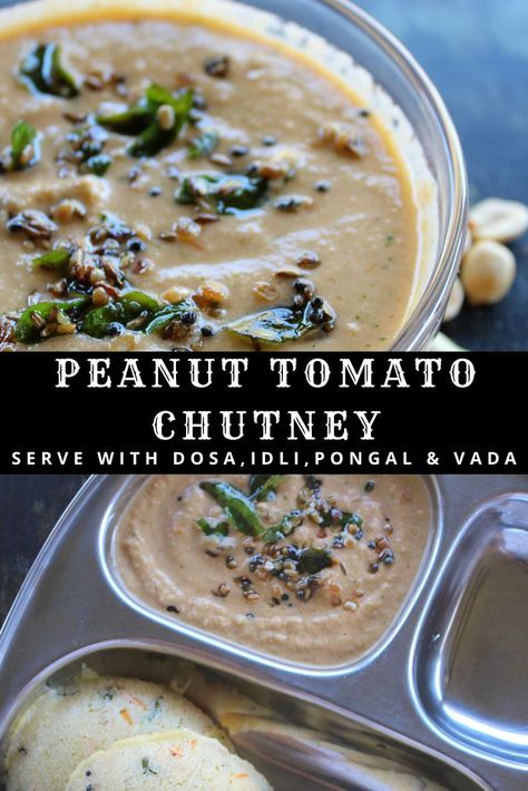 Learn how to make Indian style peanut chutney with tomato, which is served with dosa, idli, vada, uttapam and pongal.  This delicious, spicy vegan chutney or dip is a famous side to serve with Indian breakfast or snack recipes. In andhra we also call it as palli chutney or ground nut chutney.  This peanut chutney is a great substitute from the regukar coocnut chutney. #peanutchutney #idlidosachutney #groundnutchutney #pallichutney Vegan Chutney, South Indian Tomato Chutney, Chutney For Dosa, Idli Vada, Dosa Chutney, Peanut Chutney, Healthy Indian Recipes, Tomato Chutney, Indian Breakfast