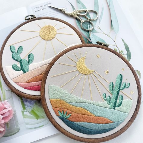 Latest Art And Craft Ideas, Mountains Embroidery, Hoop Art Wall Decor, Cactus Embroidery, Embroidery Wall, Embroidery Wall Art, Diy Embroidery Kit, Floral Embroidery Patterns, Embroidered Art