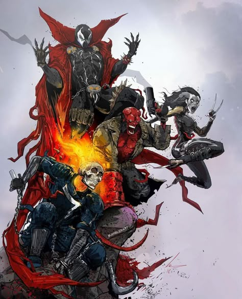 Ghost Rider, Spawn, Hellboy, and X-23 Ghost Raider, Kon Bleach, Spawn Comics, Superman And Spiderman, Marvel Artwork, Marvel Comic Universe, Spiderman Comic, Cartoon Crossovers, Image Comics