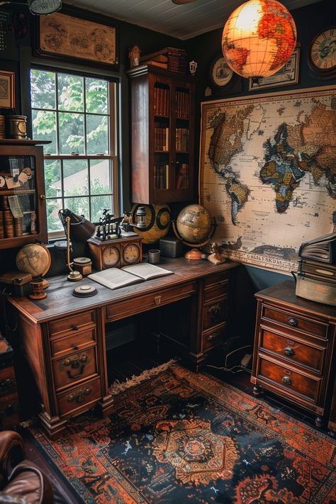 Academic Maximalism, Explorer Office, Desk Room Ideas, Steampunk Office Decor, Vintage Study Room, Vintage Office Design, Small Home Library Ideas, Office Nooks, Steampunk Office