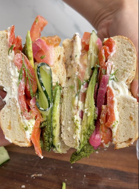 Delicious Pesto Smoked Salmon Bagel - Sauced Up! Foods Smoked Salmon Panini, Sauced Up Foods, Salmon Pesto, Smoked Salmon Cream Cheese, Smoked Salmon Bagel, Salmon Bagel, Lox And Bagels, Pesto Sandwich, Salmon Cream Cheese